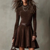 Fashion New Elegant Vintage Graceful Solid Color Half High Neck Long-sleeve Round-collar Short Dress High Waist Pleasted Zipper Slim Dresses Female Fall Chic Cloth