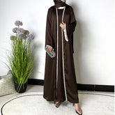 R-776 Women's Luxury Polyester Abaya Set Elegant Modest Islamic Ankle Length Long Sleeve Floral Paisley Pattern Handmade