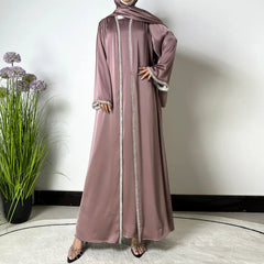 R-776 Women's Luxury Polyester Abaya Set Elegant Modest Islamic Ankle Length Long Sleeve Floral Paisley Pattern Handmade