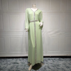 New Muslim Women's Clothing Chiffon Beaded Belt Dress Long Loose Abaya Robe
