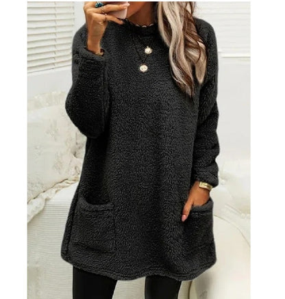 Women's Fleece Pullover Long Sweater With Pockets Winter Warm Thinken Sweatershirt Casual Long Sleeve Plush Tops Hoodie Coat Streetwear Fall Loose Outfits Hoodie Tops