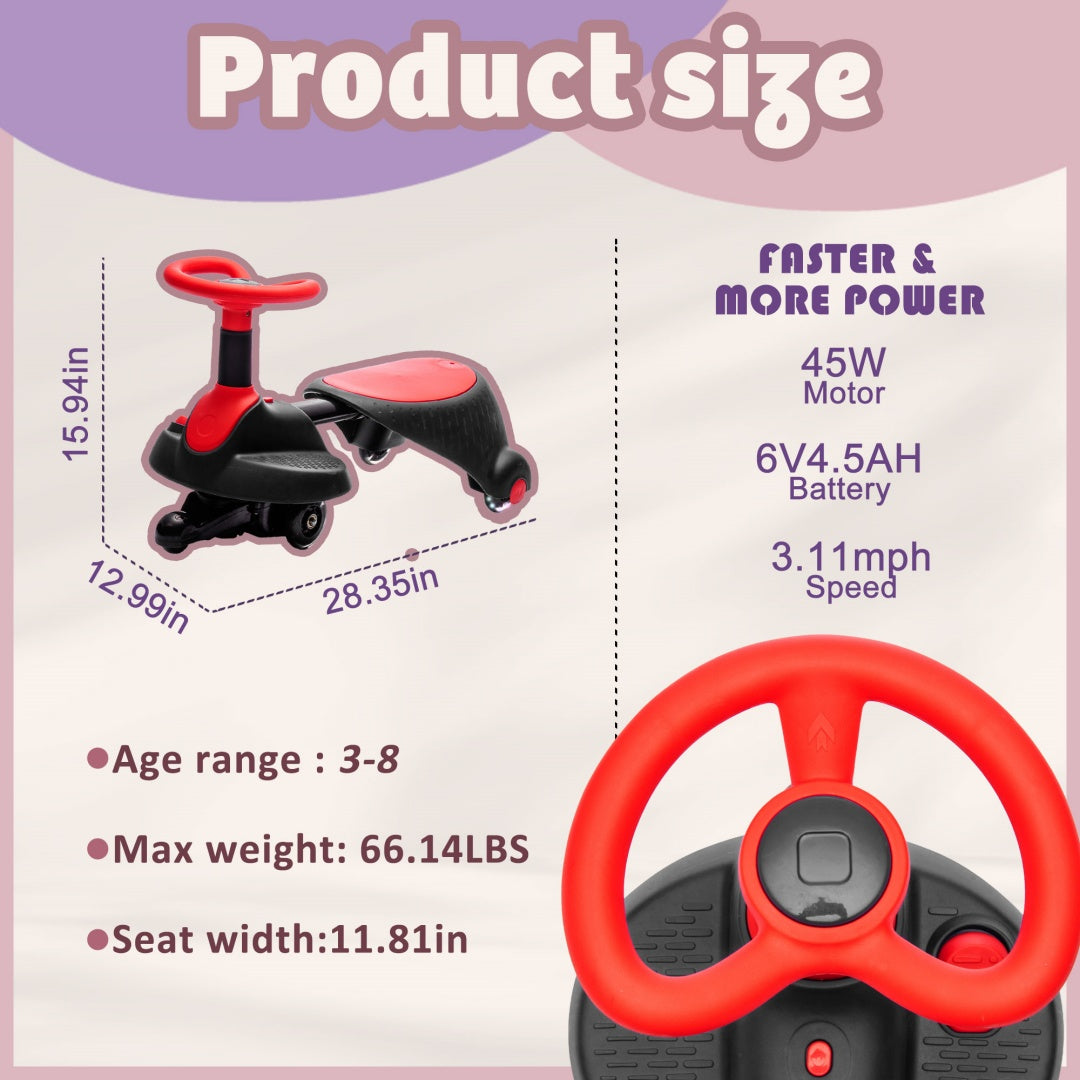 6V Kids Ride On Electric Wiggle Car,Flashing  Shock Absorbing PU Wheels For Effective Floor Protection,Retractable,Steering Wheel Rotates 360,Bluetooth,Provide A Speed Of 3.11MPH For Kids Aged 3