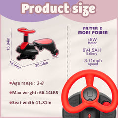 6V Kids Ride On Electric Wiggle Car,Flashing  Shock Absorbing PU Wheels For Effective Floor Protection,Retractable,Steering Wheel Rotates 360,Bluetooth,Provide A Speed Of 3.11MPH For Kids Aged 3