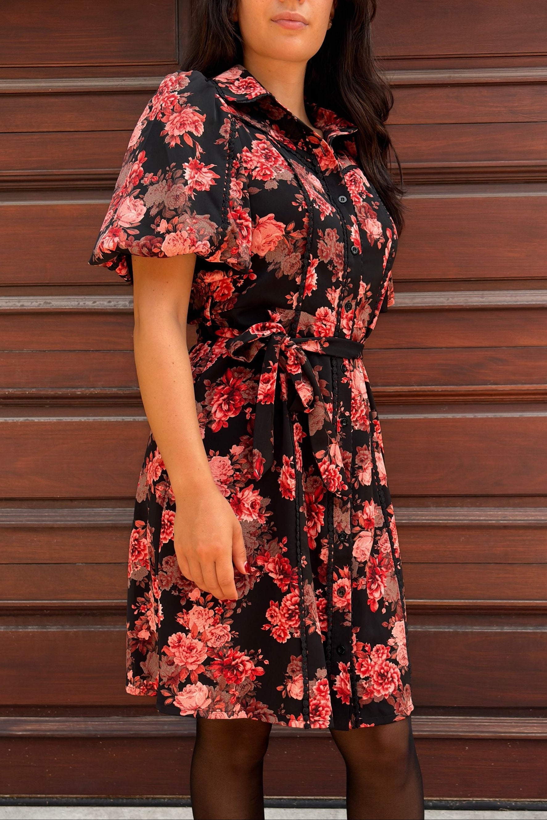 Ruby Black Floral Print Shirt Dress Belted Short Sleeves Button Front