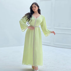 New Muslim Women's Clothing Chiffon Beaded Belt Dress Long Loose Abaya Robe