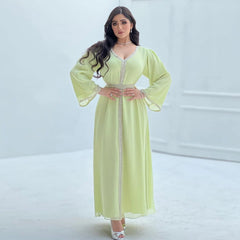 New Muslim Women's Clothing Chiffon Beaded Belt Dress Long Loose Abaya Robe