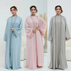 Dress Abaya 2 Piece Set Women Eid Muslim Cardigan Robe Dresses Suit Jalabiya Ramadan Dubai Abayas Kaftan Morocco Vestidos