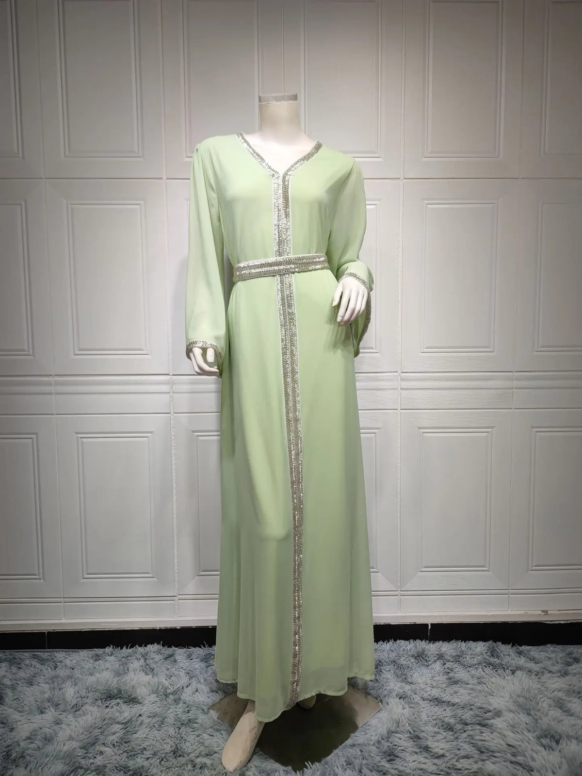 New Muslim Women's Clothing Chiffon Beaded Belt Dress Long Loose Abaya Robe