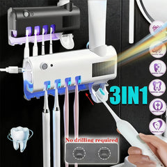 Upgraded 3-in-1 Electric Blue Light Disinfection Toothbrush Holder with Toothpaste Dispenser, Wall-Mounted No-Drill USB Charging