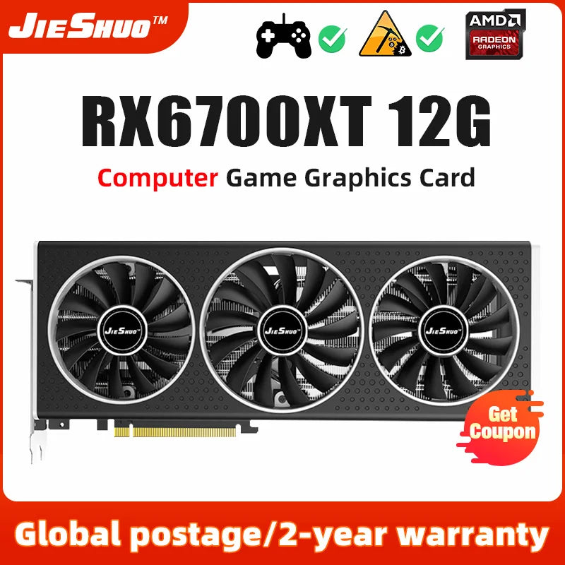 JIESHUO AMD RX 6700XT 12GB Video card GDDR6 192BIT GPU rx6700xt 12g Suitable for computer desktop games office graphics card