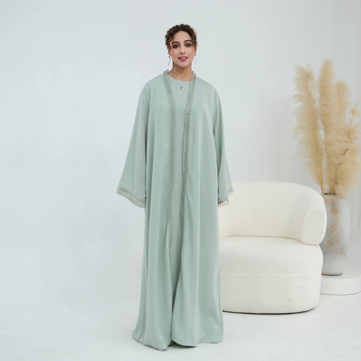 Dress Abaya 2 Piece Set Women Eid Muslim Cardigan Robe Dresses Suit Jalabiya Ramadan Dubai Abayas Kaftan Morocco Vestidos