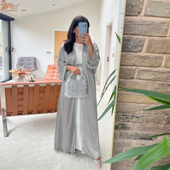 Luxury Crystal Kaftan 2 Piece Sets Muslim Abaya Women Satin Long Dress Islam Clothing Ramadan Eid Dubai Robe Morocco Jalabiya