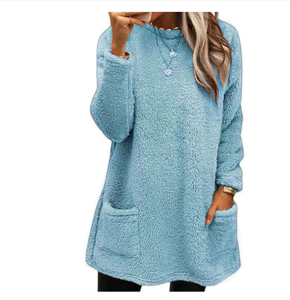 Women's Fleece Pullover Long Sweater With Pockets Winter Warm Thinken Sweatershirt Casual Long Sleeve Plush Tops Hoodie Coat Streetwear Fall Loose Outfits Hoodie Tops