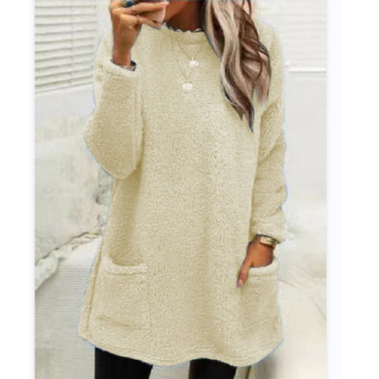 Women's Fleece Pullover Long Sweater With Pockets Winter Warm Thinken Sweatershirt Casual Long Sleeve Plush Tops Hoodie Coat Streetwear Fall Loose Outfits Hoodie Tops